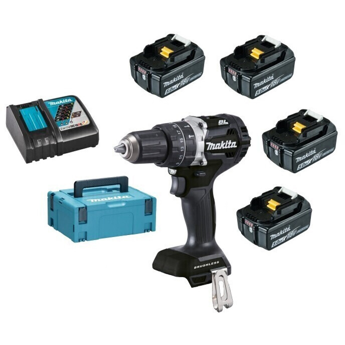 Makita - DHP484T4JB - Akku-Schlagbohrschrauber - 18V, 4 Akkus, bürstenloser Motor